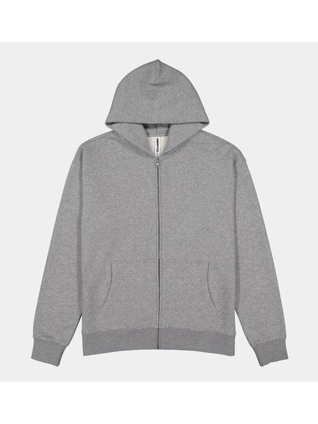 A grey, relaxed-fit men's zip-up hoodie with a front pocket and ribbed cuffs.