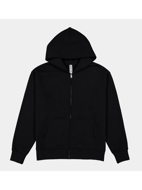 A black women's zip-up hoodie with a front pocket and ribbed cuffs on a plain background.