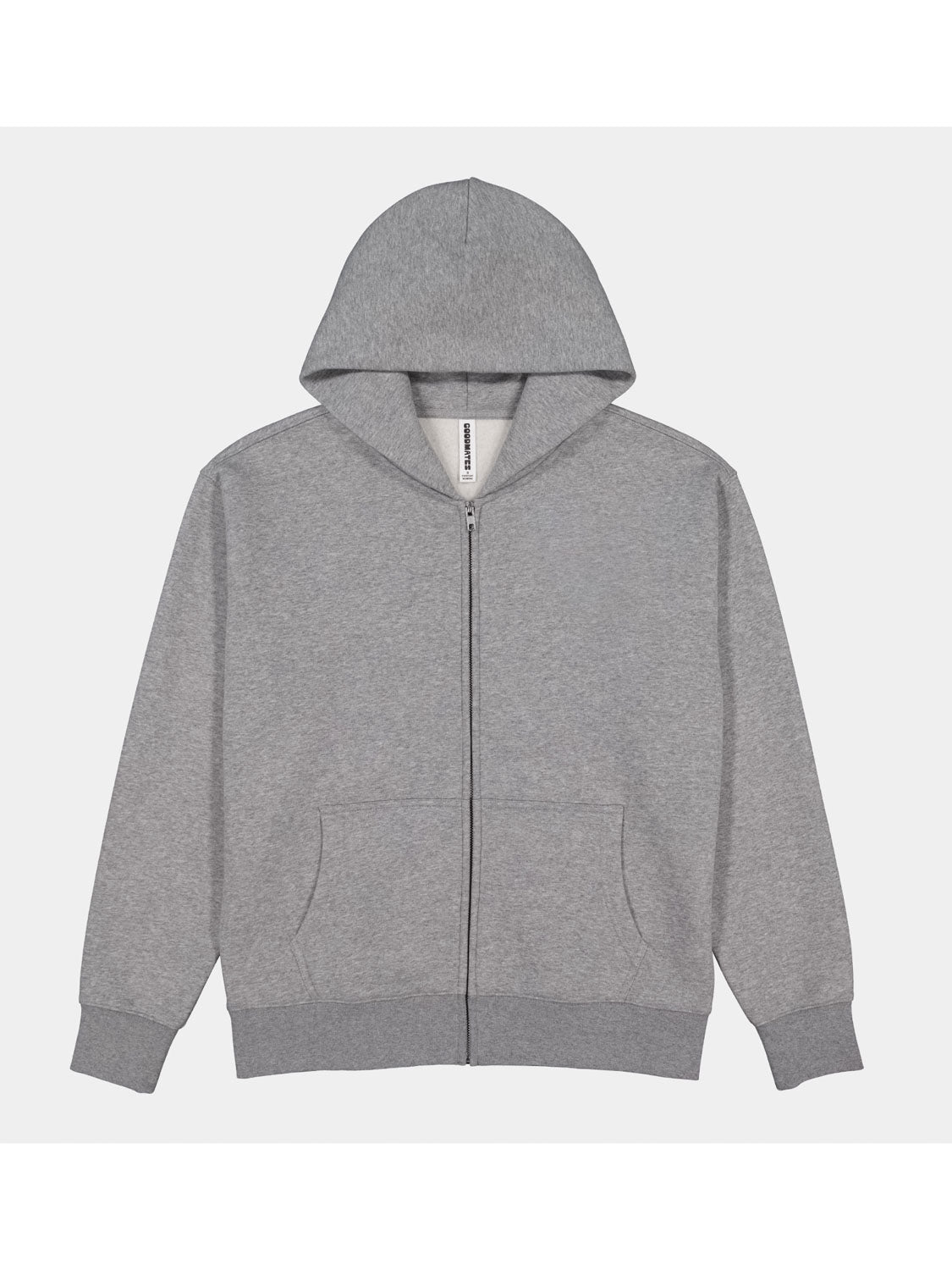 A heather grey women's zip-up hoodie with a front pocket and ribbed cuffs.