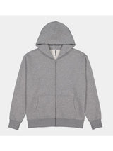 A heather grey women's zip-up hoodie with a front pocket and ribbed cuffs.