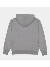 Back view of a women's grey zip-up hoodie with a relaxed fit and ribbed cuffs.