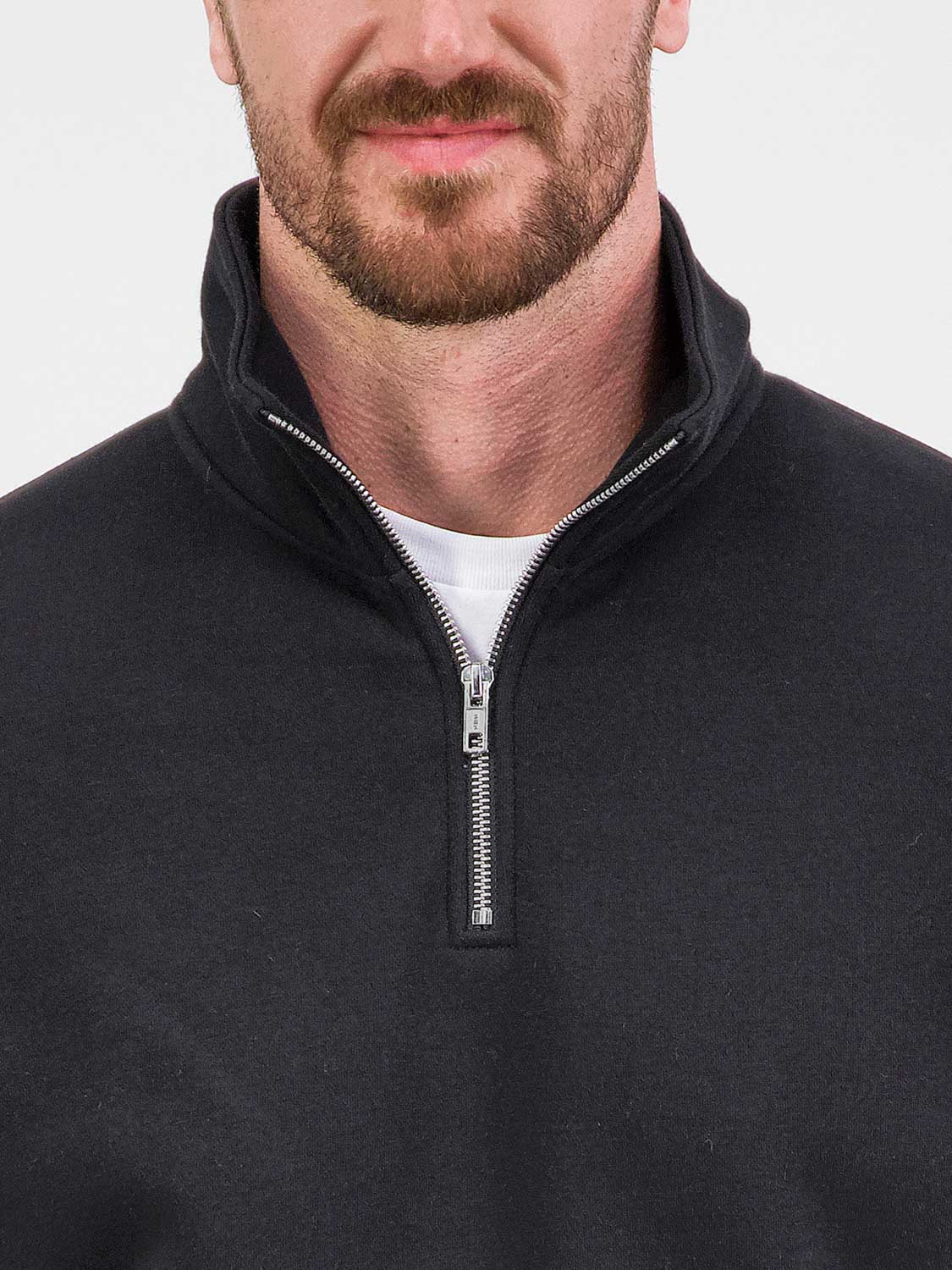 Close-up of a man wearing a black quarter-zip fleece pullover with a silver metal zipper.
