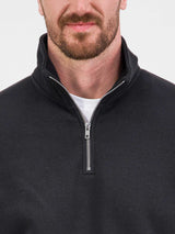 Close-up of a man wearing a black quarter-zip fleece pullover with a silver metal zipper.