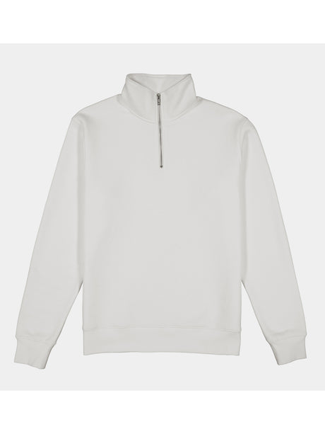 A white men's quarter-zip sweatshirt with a high collar and ribbed cuffs and hem.