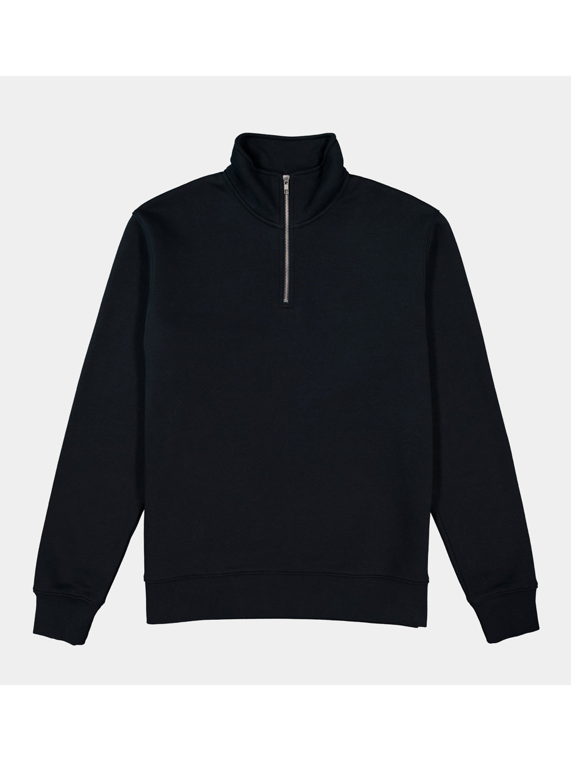 Mens Everyday 1/4 Zip in black with a silver zipper and ribbed cuffs.