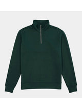 A dark green men's quarter-zip sweatshirt with a high collar and ribbed cuffs and hem.