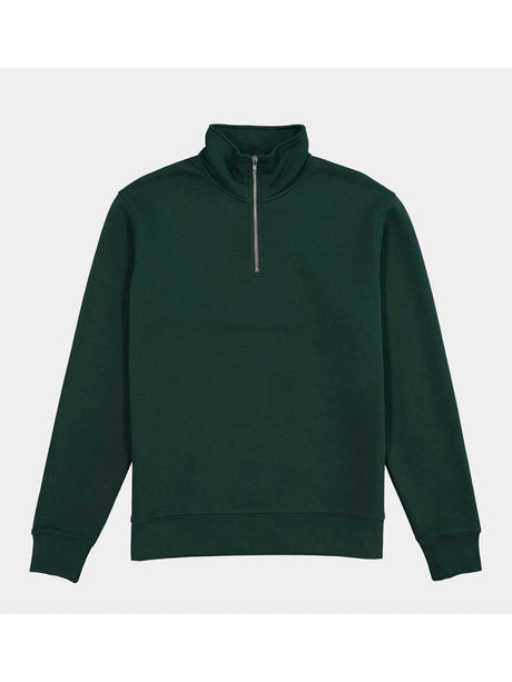 A dark green men's quarter-zip sweatshirt with a high collar and ribbed cuffs and hem.