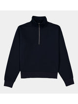Womens navy blue quarter-zip sweatshirt with a high collar and ribbed cuffs and hem.