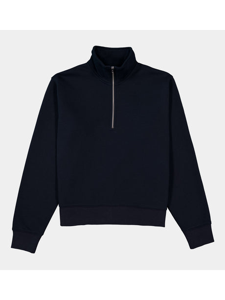 Womens navy blue quarter-zip sweatshirt with a high collar and ribbed cuffs and hem.