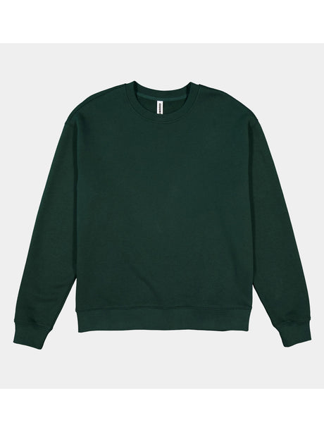 A dark green, long-sleeved crewneck sweatshirt with ribbed cuffs and hem.