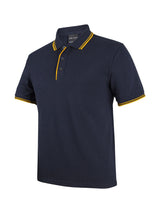 JB's Wear - Navy blue polo shirt with yellow trim on collar and sleeves.