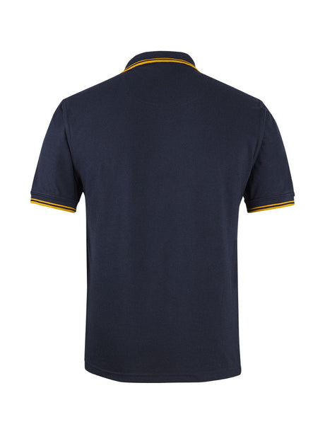 JB's Wear - Navy blue polo shirt with yellow trim on collar and sleeves.