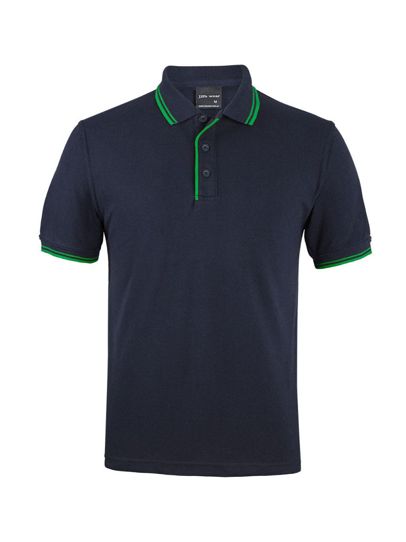 JB's Wear - Navy blue polo shirt with green trim on collar and sleeves.