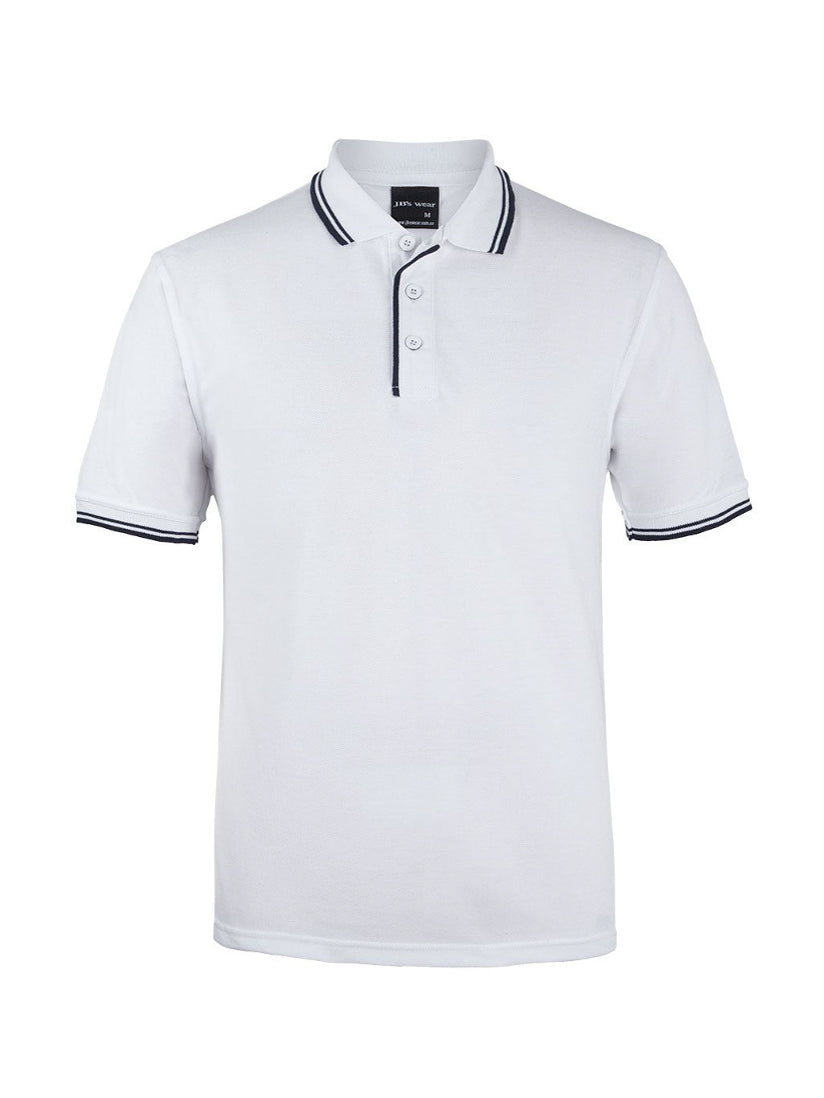 JB's Wear - White polo shirt with navy trim on collar and sleeves.