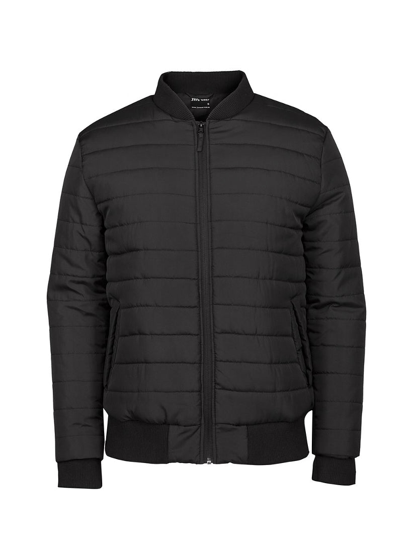 JB's Wear - Black puffer bomber jacket with quilted design and ribbed collar, cuffs, and hem.