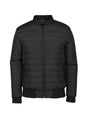 JB's Wear - Black puffer bomber jacket with quilted design and ribbed collar, cuffs, and hem.