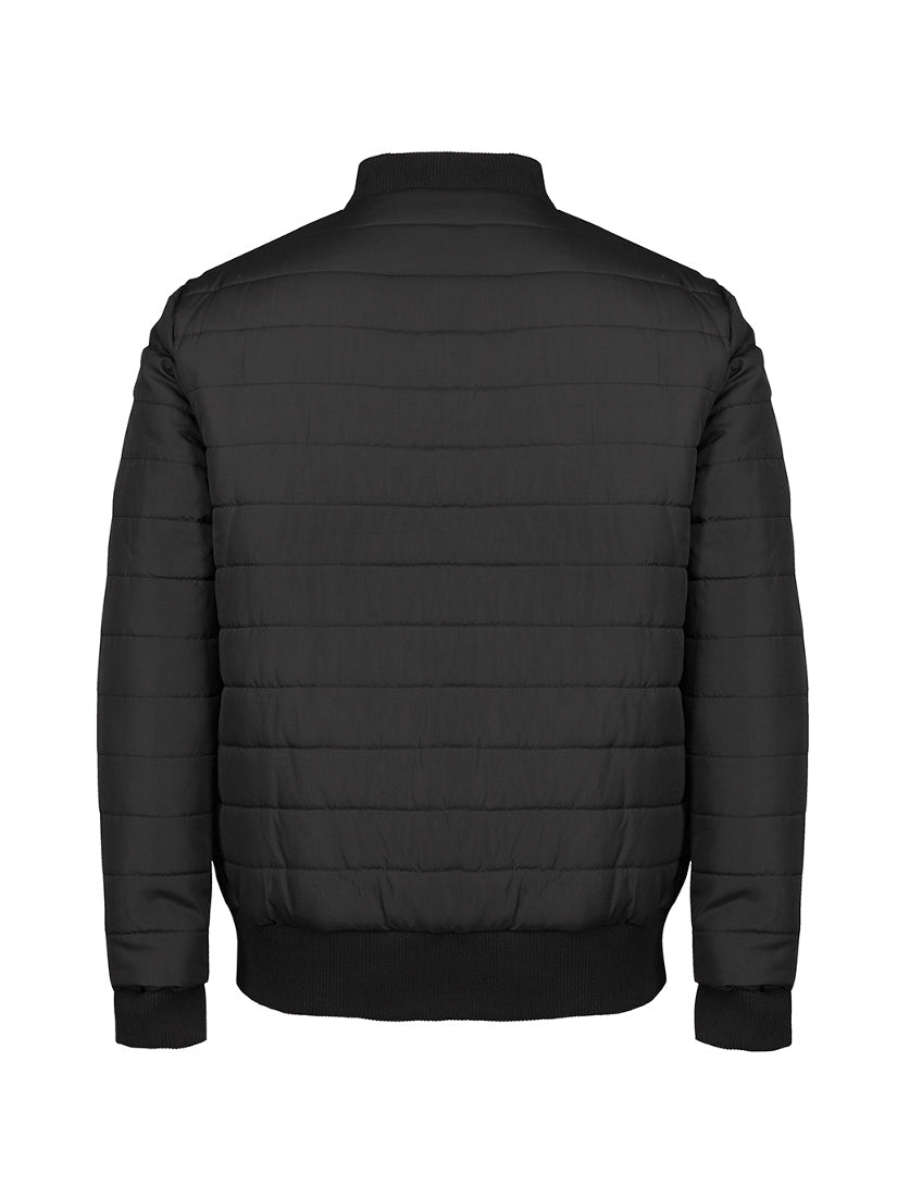JB's Wear - Black puffer bomber jacket with quilted design and ribbed collar, cuffs, and hem.