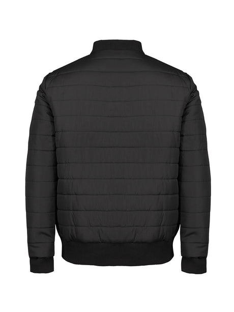 JB's Wear - Black puffer bomber jacket with quilted design and ribbed collar, cuffs, and hem.