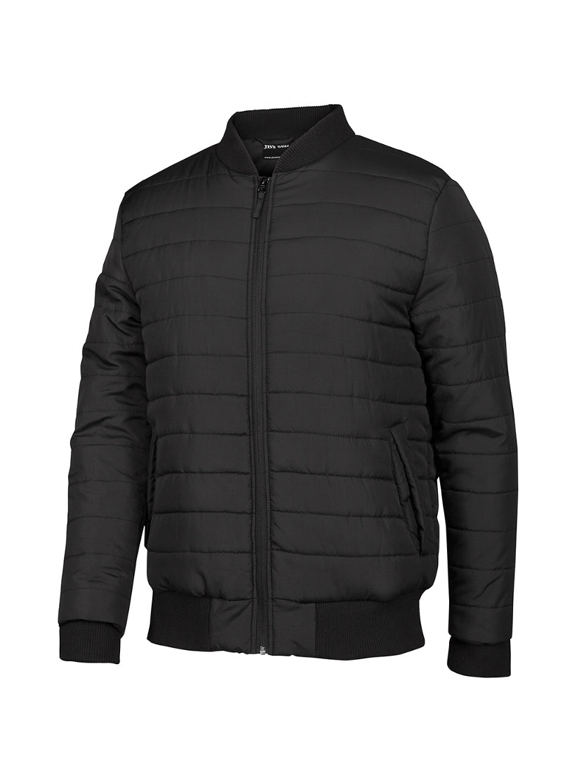 JB's Wear - Black puffer bomber jacket with quilted design and ribbed collar, cuffs, and hem.
