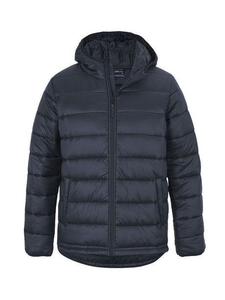 JB's Wear - A dark navy hooded puffer jacket with a full zip closure.