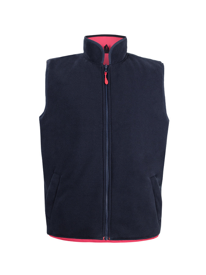 JB's Wear - Navy blue reversible vest with a pink lining and a red zipper pull.