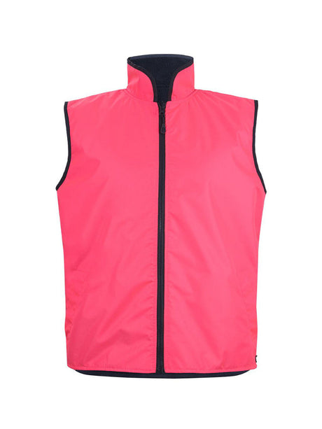 JB's Wear - A bright pink reversible vest with a black zipper and collar.