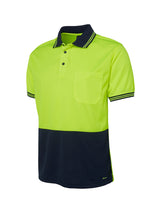 JB's Wear - A two-tone hi-vis polo shirt with a lime green top and navy blue bottom.