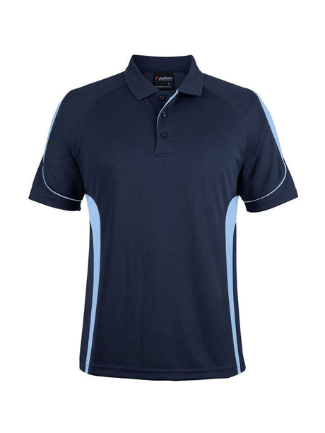 JB's Wear - Navy blue polo shirt with light blue side panels and white piping.