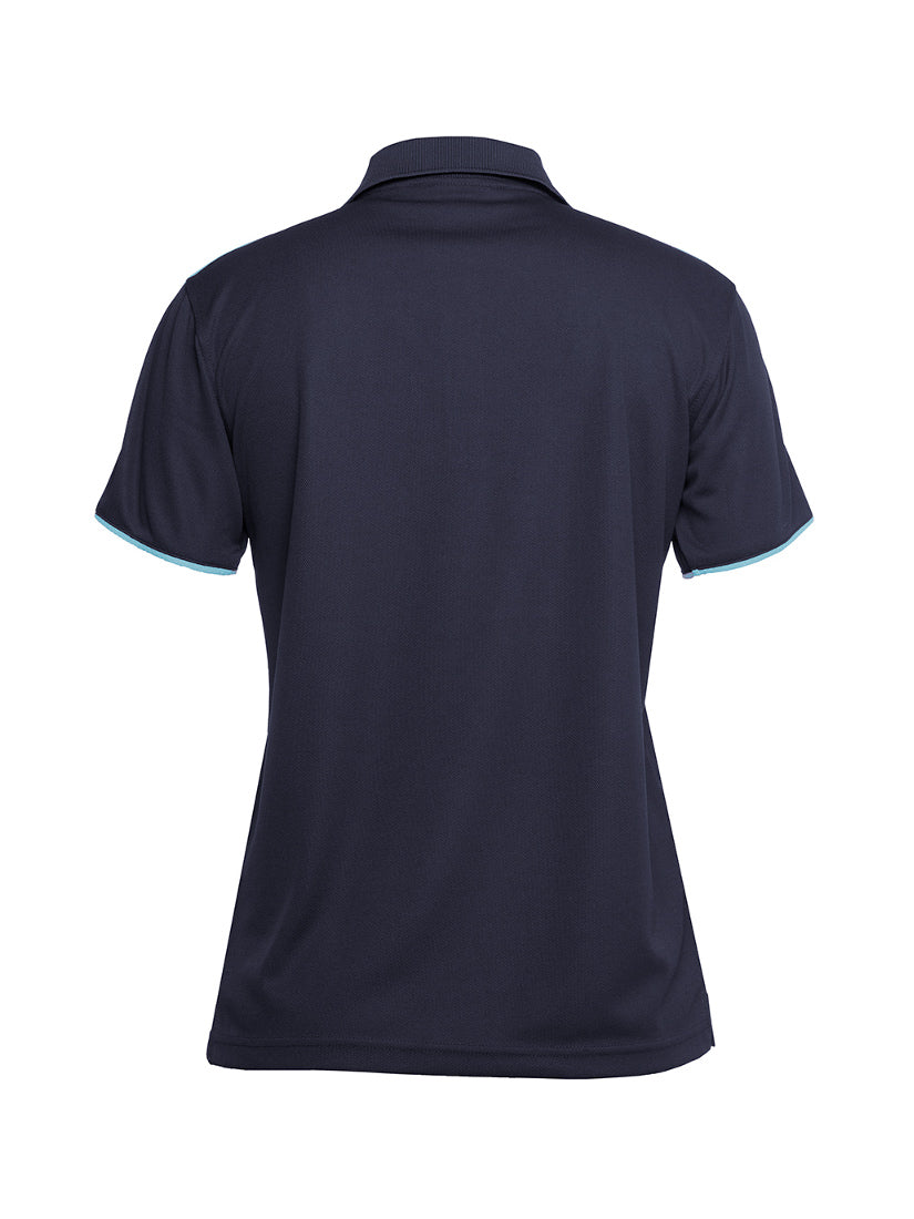 JB's Wear - Ladies navy blue short-sleeved polo shirt with light blue trim.