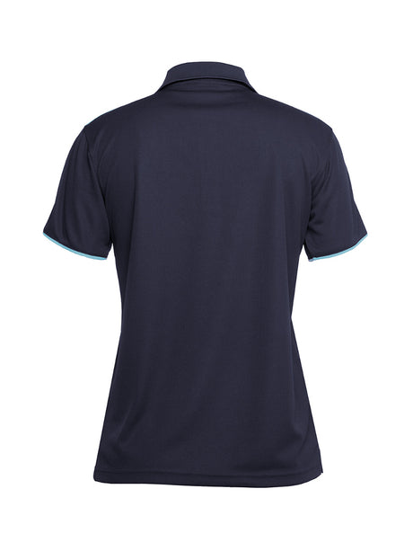 JB's Wear - Ladies navy blue short-sleeved polo shirt with light blue trim.