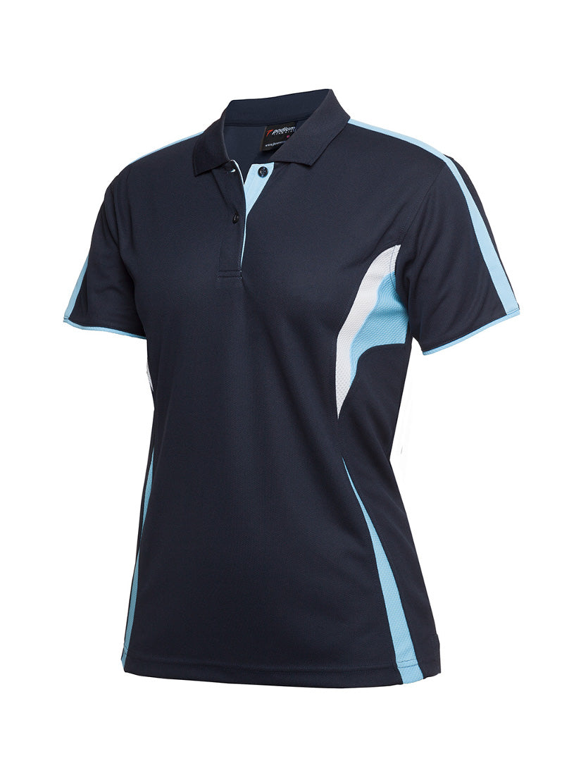 JB's Wear - Ladies navy blue polo shirt with light blue and white accents.