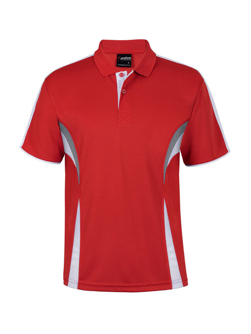 JB's Wear - Red polo shirt with white and grey accents.