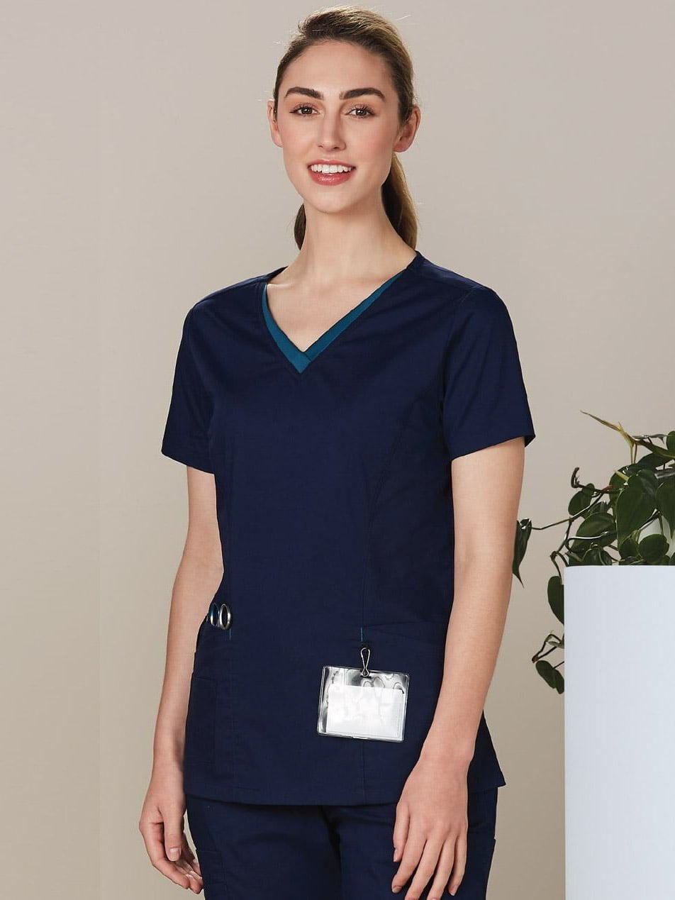 Ladies V-Neck Contrast Trim Scrub Top