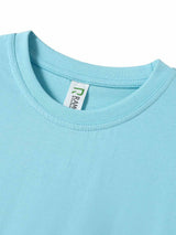 Ramo - Close-up of a light blue kids regular cotton t-shirt showing the crew neckline and brand tag.