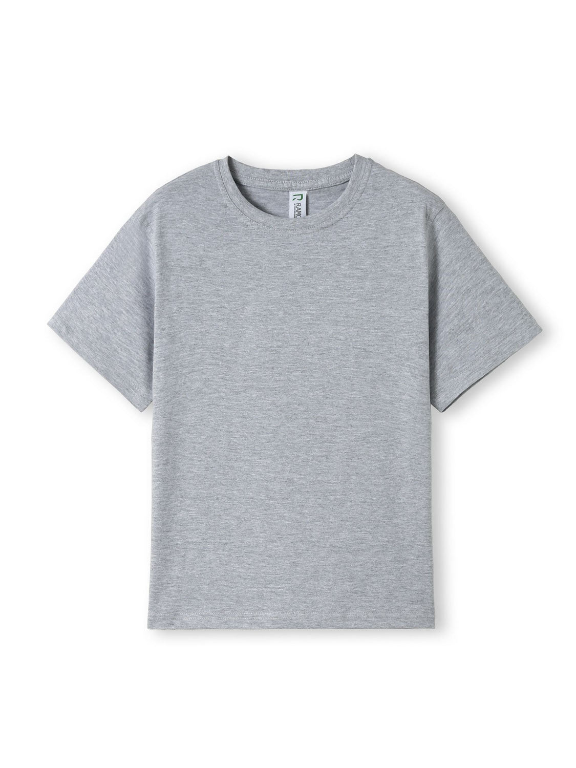 Ramo - A plain grey, short-sleeved kids' regular fit cotton t-shirt with a crew neckline.