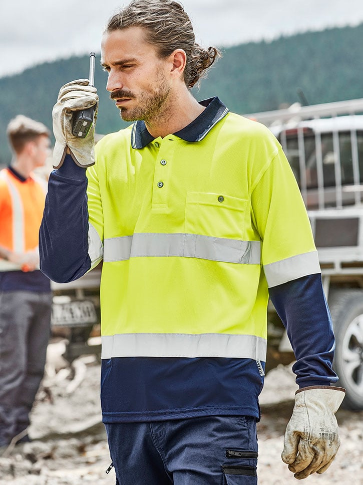 Mens Hi Vis Spliced Long Sleeve Polo - Hoop Taped