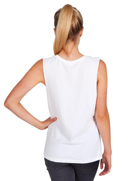 Ramo - Ladies white sleeveless muscle tee with a high ponytail.