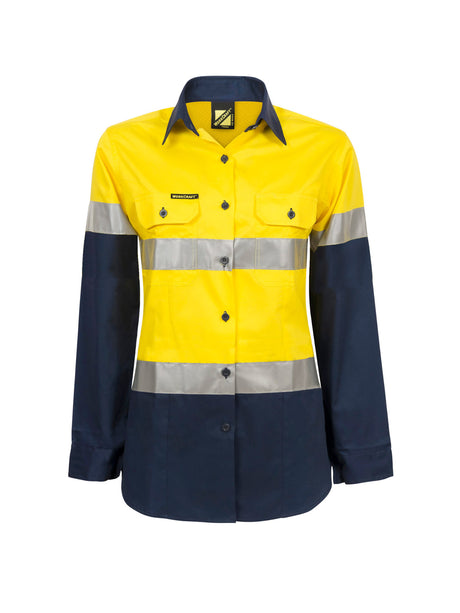 Ladies Lightweight Hi Vis Long Sleevee Vented Reflective Cotton Drill Shirt