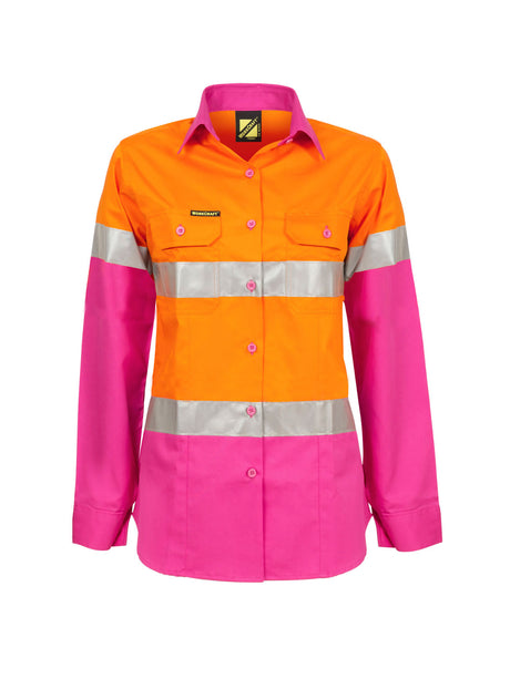 Ladies Lightweight Hi Vis Long Sleevee Vented Reflective Cotton Drill Shirt