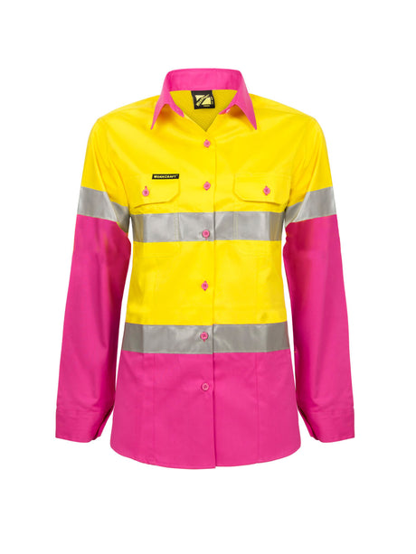 Ladies Lightweight Hi Vis Long Sleevee Vented Reflective Cotton Drill Shirt